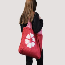 Saco de algodão natural Tie Dye (220g)- 38x42x12cm - Flor castanha - Alça cor-de-rosa