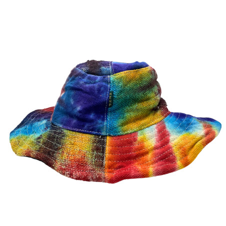 Chapéu de festival boho de cânhamo e algodão com remendos e brincos - Tiedye