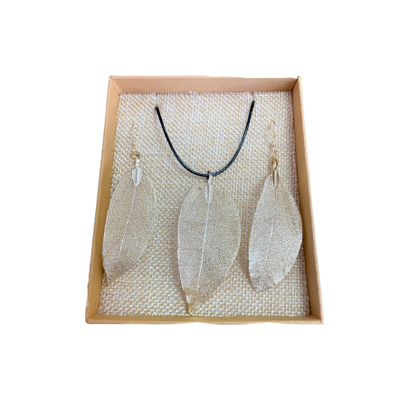 Conjunto de colar e brincos - Courage Leaf - Ouro Branco