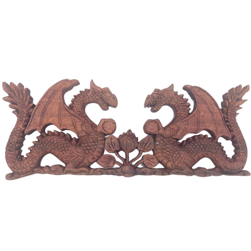 Panel de Madera Tallada -  Dos Dragones Frente a Frente - 40x15cm