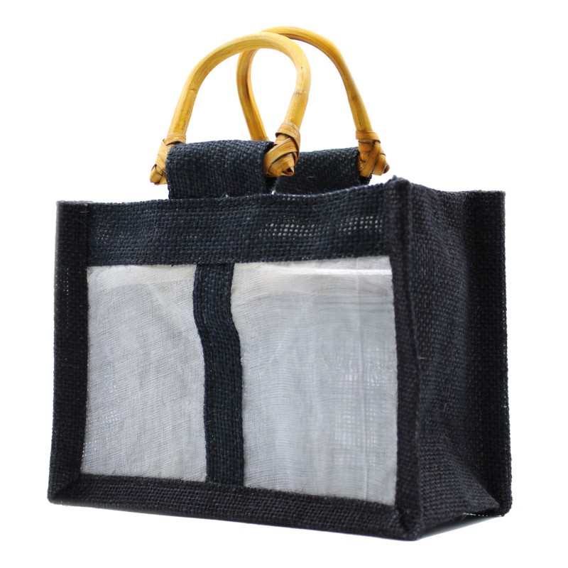 Bolsa de Regalo con Ventana de Yute Puro y Algodón - 2 Ventanas en Negro