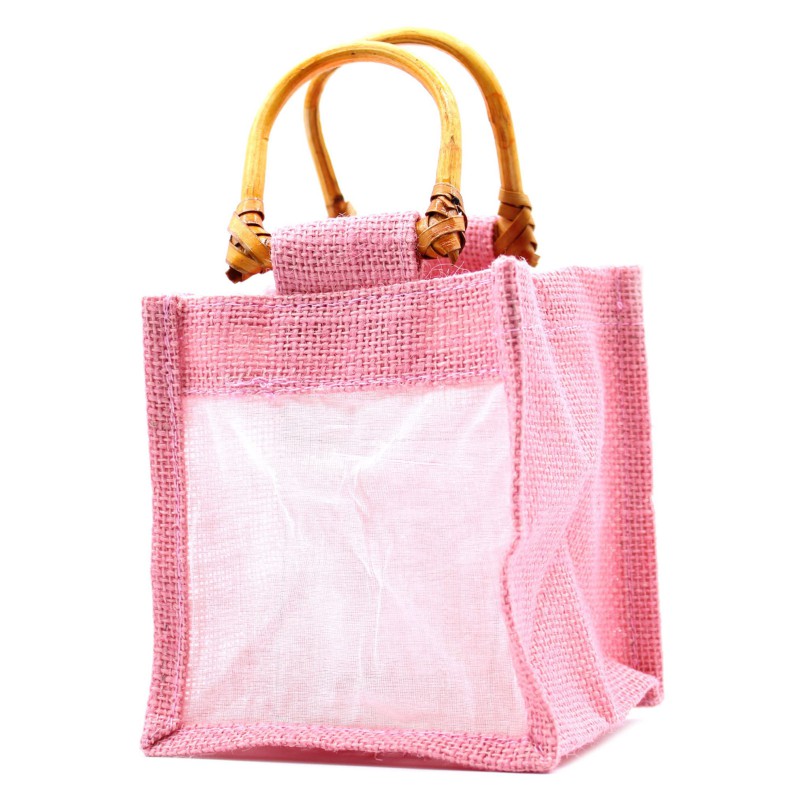 Bolsa de regalo de yute puro y algodón con ventana - 1 Ventana en Rosa