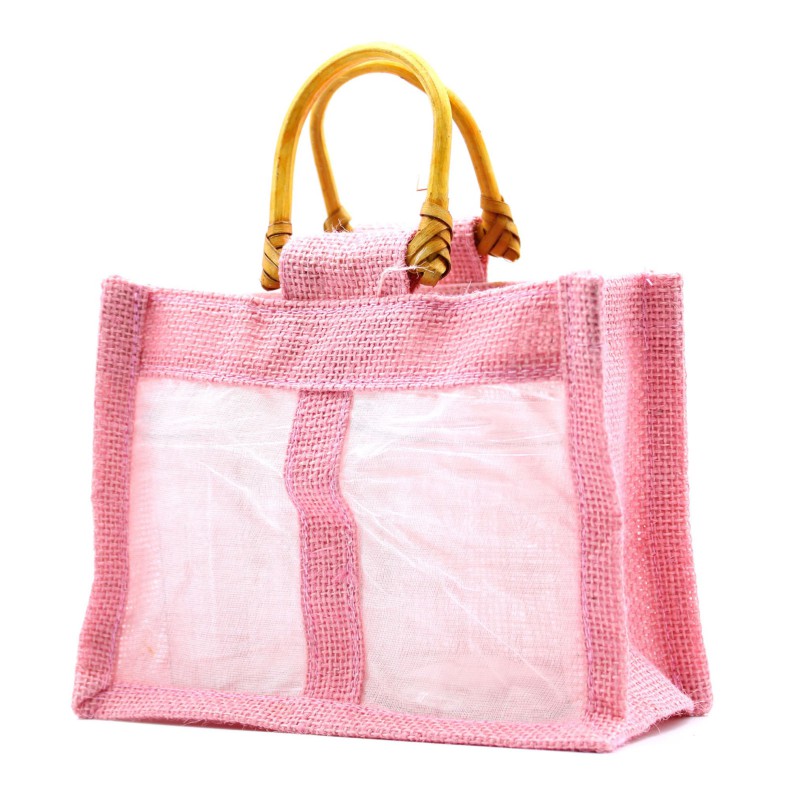 Bolsa de regalo de yute puro y algodón con ventana - 2 Ventanas en Rosa