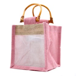 Bolsa de regalo de yute puro y algodón con ventana - 1 Ventana en Rosa