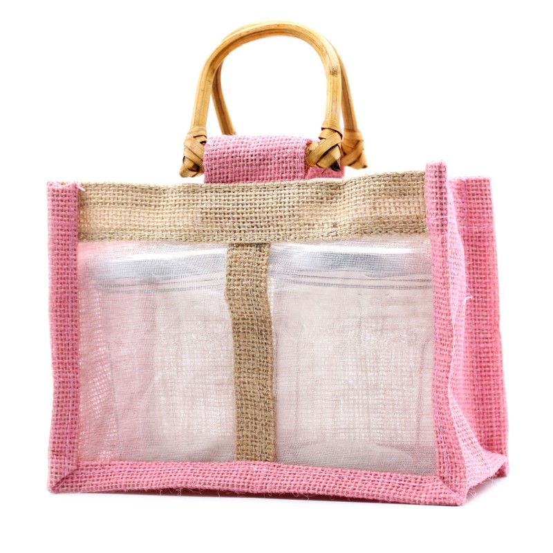 Bolsa de regalo de yute puro y algodón con ventana - 2 Ventanas en Rosa