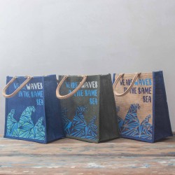 saco de juta estampado - We are waves - Cinza, azul e natural