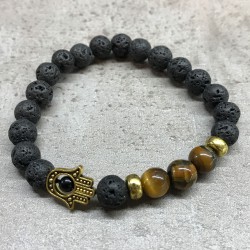 Pulseira de pedra de lava - Hamsa - Olho de tigre